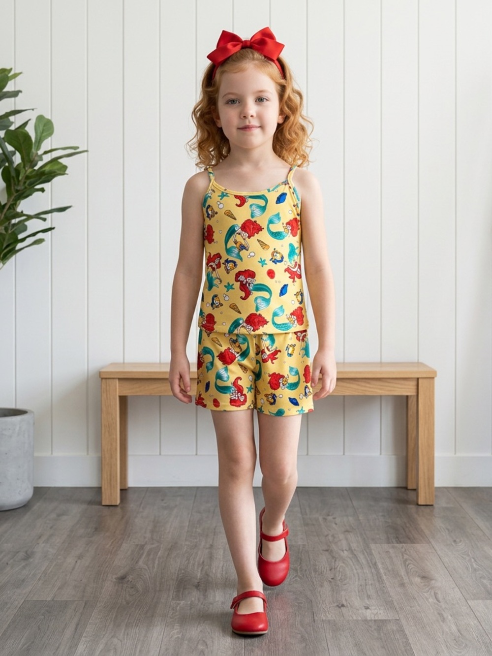 Girls Yellow Mermaid Print Tank & Shorts Set